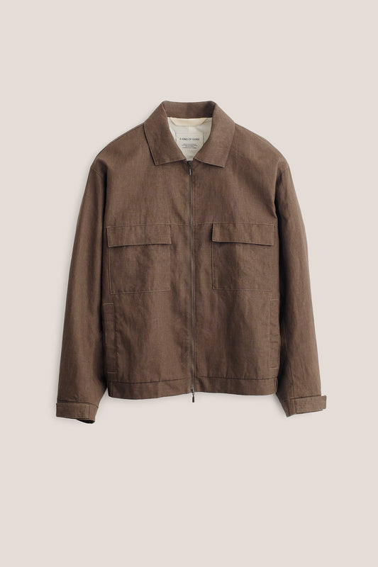 Men's outerwear jacket, 100% linen, natural brown, boxy silhouette, flap chest pockets, front zip.