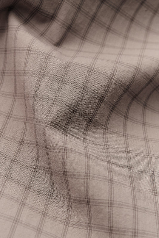 Men's long-sleeved shirt, 100% organic cotton, Japanese woven light grey squared check pattern.