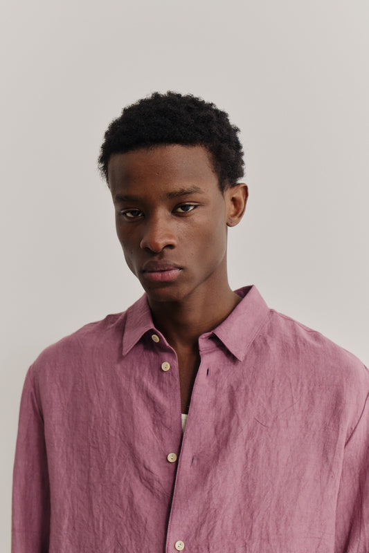 Men's long-sleeved shirt, 100% linen, Tennpiboshi sun-dried finish, dusty rose.