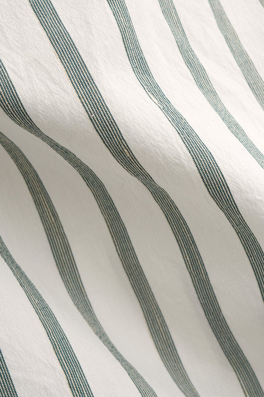 Men's long-sleeved shirt, cotton-silk-linen blend, washed white with fine green stripes.