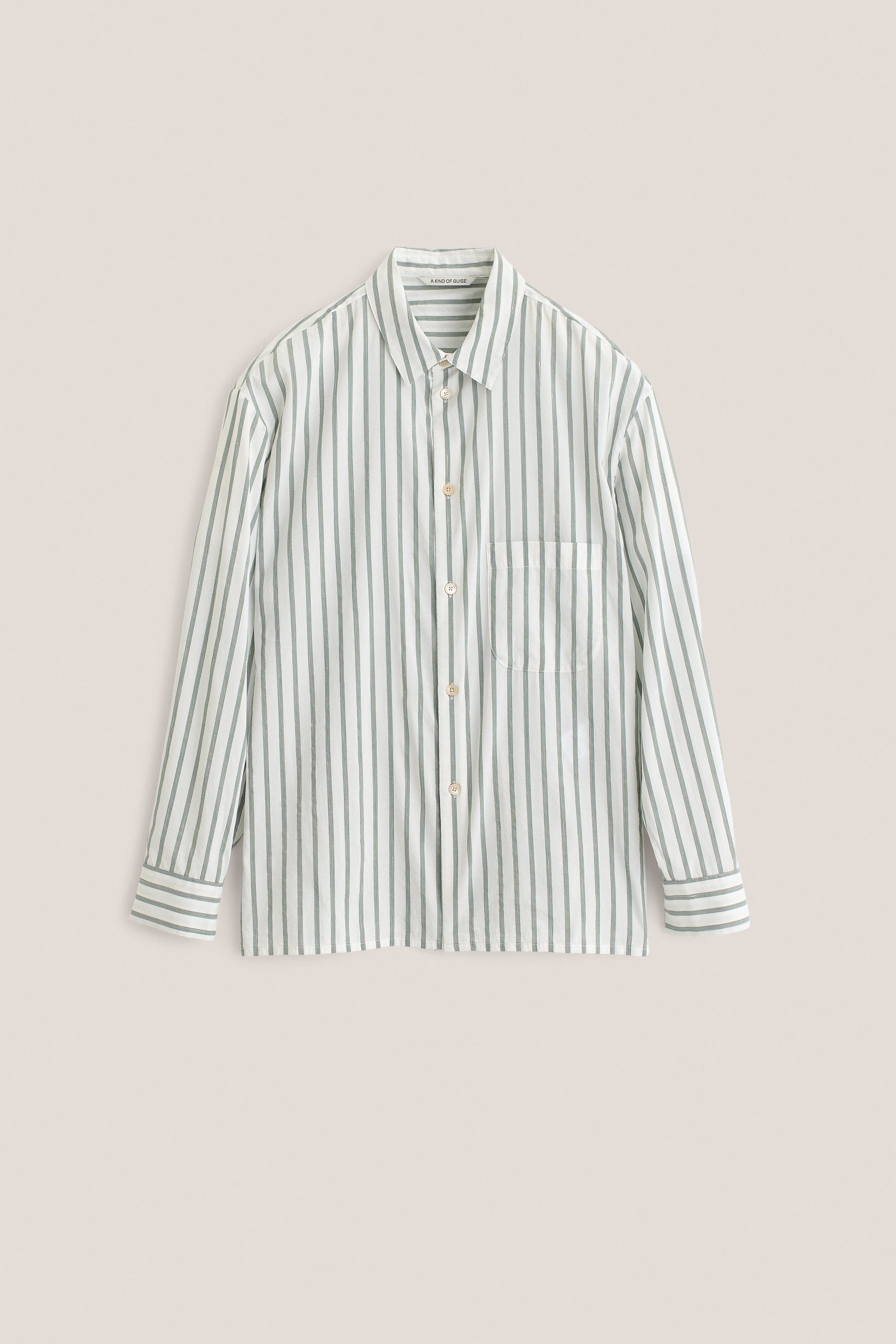 Men's long-sleeved shirt, cotton-silk-linen blend, washed finish, white with green stripes, oversized fit.