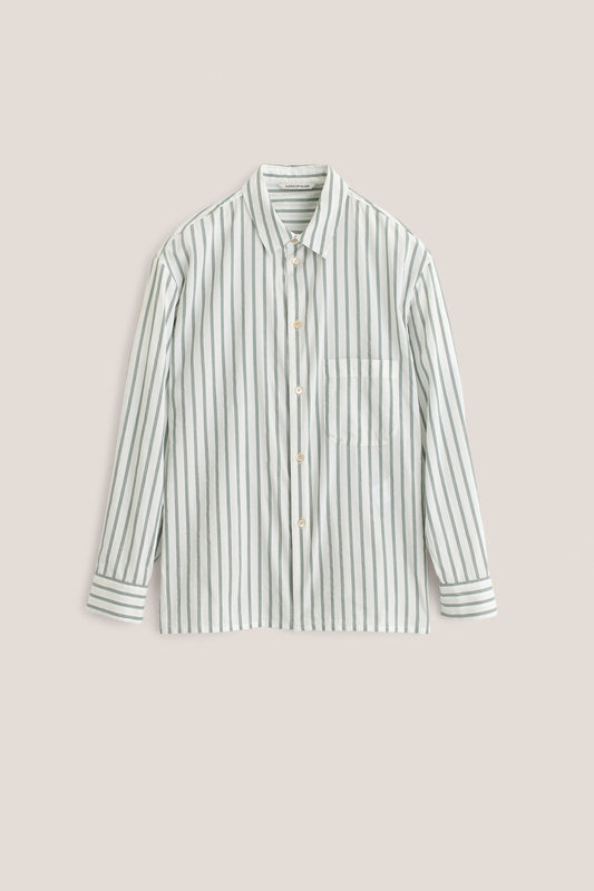 Men's long-sleeved shirt, cotton-silk-linen blend, washed finish, white with green stripes, oversized fit.