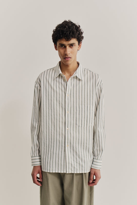 Men's long-sleeved shirt, cotton-silk-linen blend, washed finish, white with green fine stripes, oversized fit.