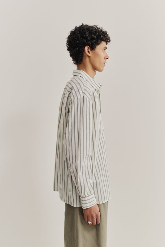 Men's long-sleeved shirt, cotton-silk-linen blend, washed finish, white with subtle grey stripes.