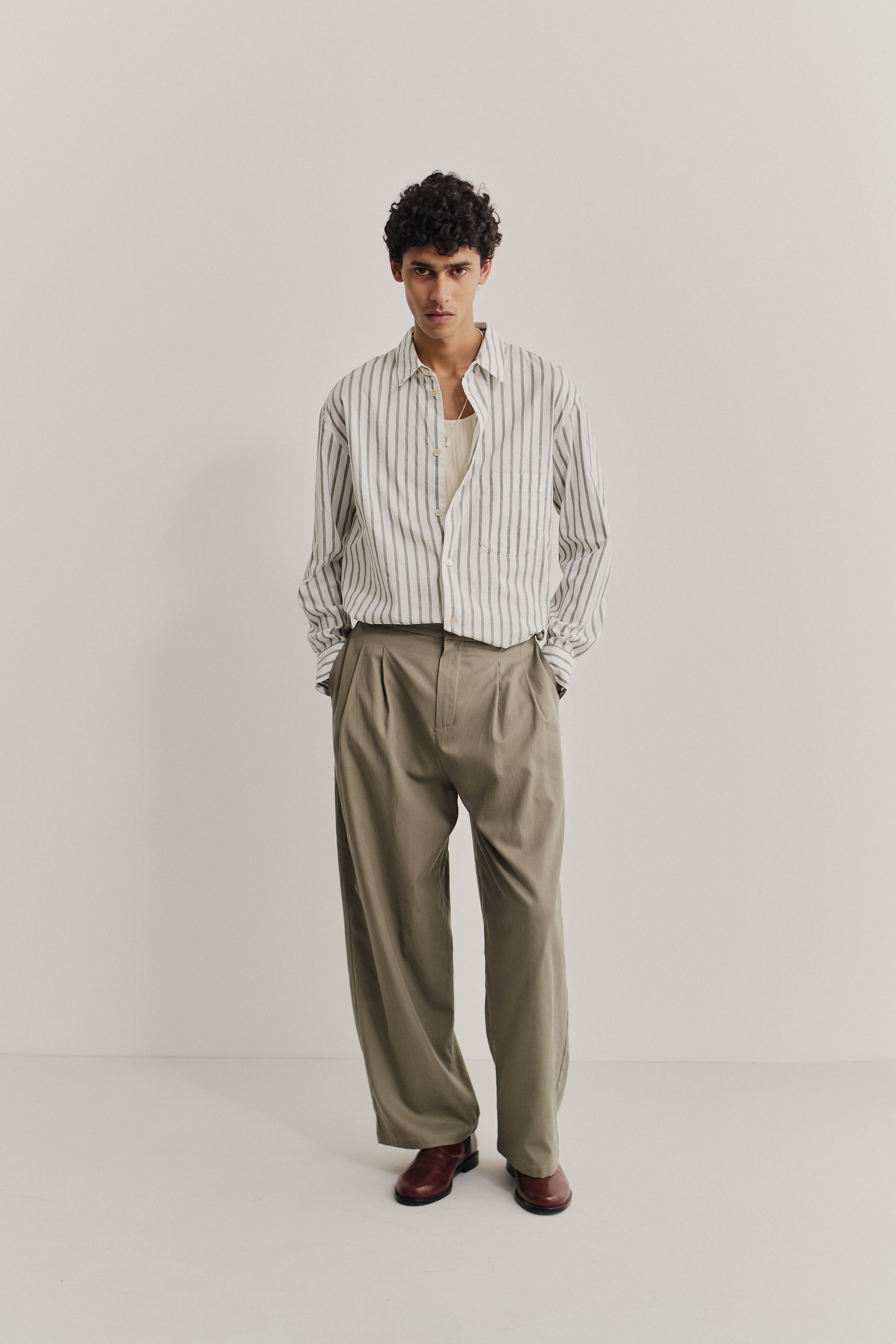 Men's long-sleeved shirt, cotton-silk-linen blend, washed finish, fine stripes, light grey.