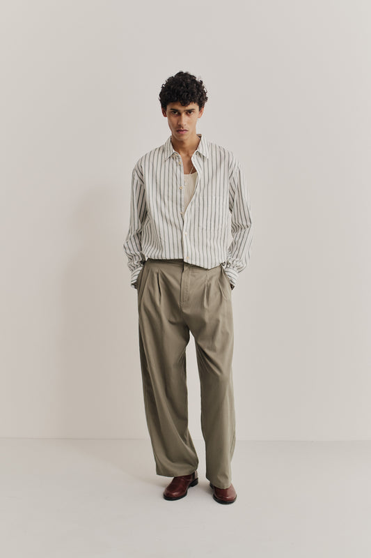 Men's long-sleeved shirt, cotton-silk-linen blend, washed finish, fine stripes, light grey.