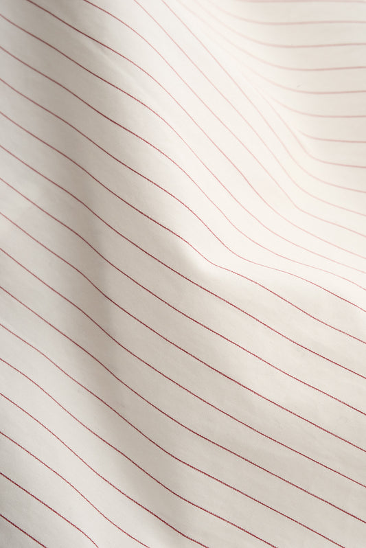 Men's long-sleeved shirt, 100% cotton, off-white with delicate burgundy pinstripes.