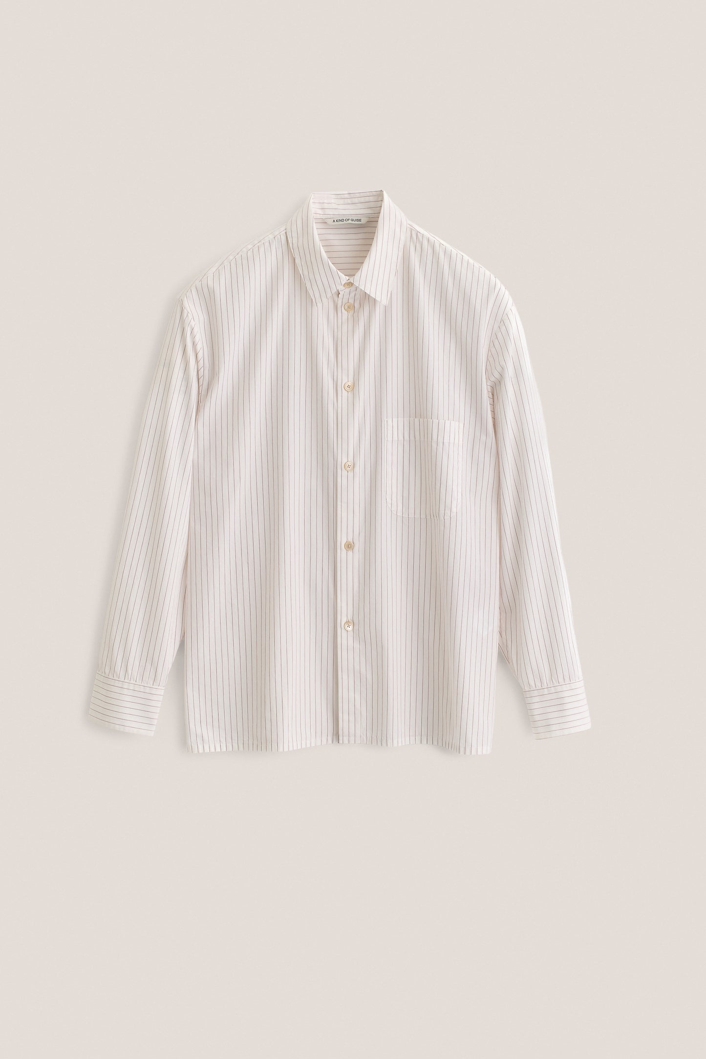 Men's long-sleeved shirt, 100% cotton, off-white with burgundy pinstripes, oversized fit, front pocket.