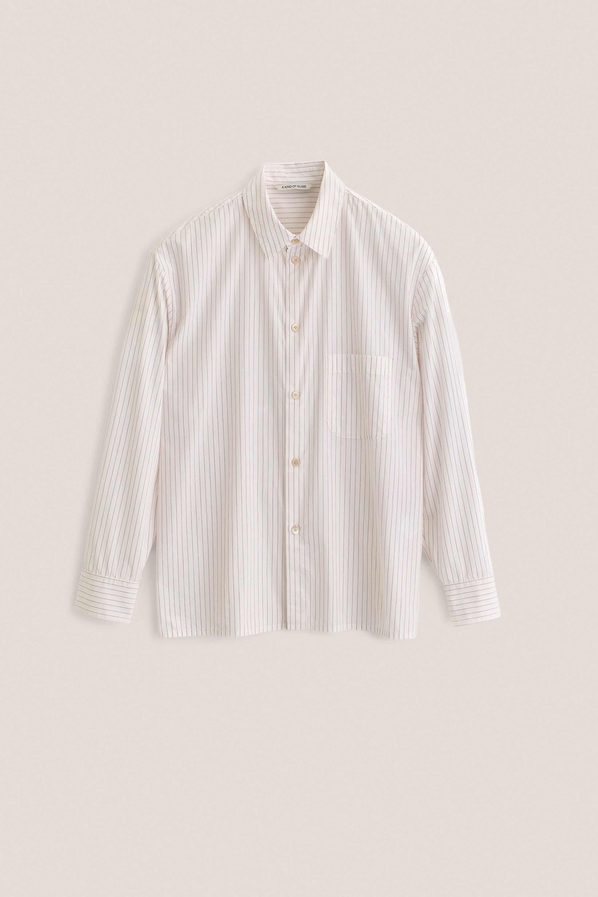 Men's long-sleeved shirt, 100% cotton, off-white with burgundy pinstripes, oversized fit, front pocket.