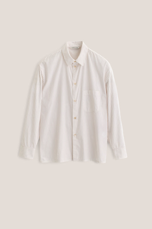 Men's long-sleeved shirt, 100% cotton, off-white with burgundy pinstripes, oversized fit, front pocket.