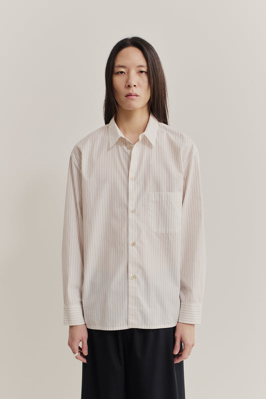 Men's long-sleeved shirt, 100% cotton, off-white with burgundy pinstripes, oversized fit, front patch pocket.