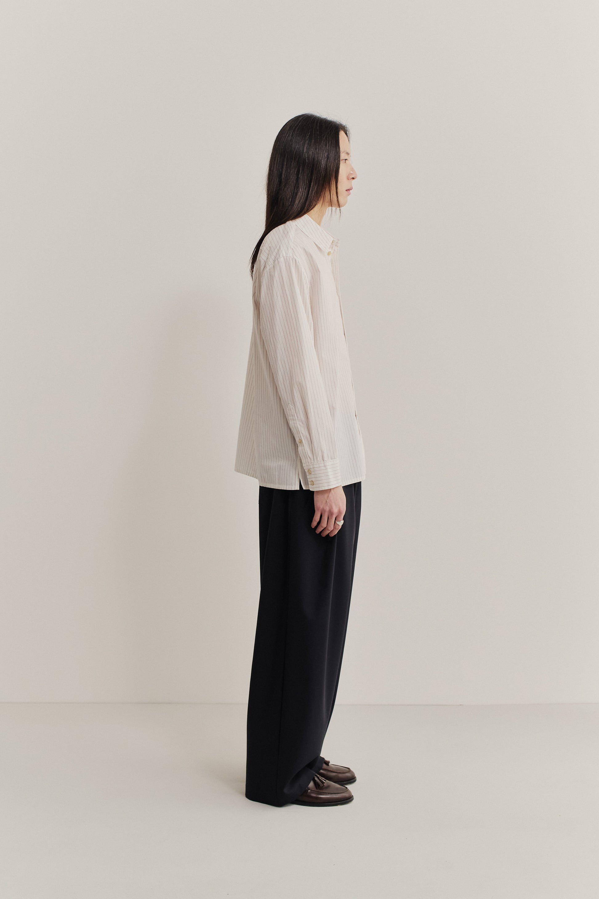 Men's long-sleeved shirt, 100% cotton, off-white with burgundy pinstripes, oversized fit.