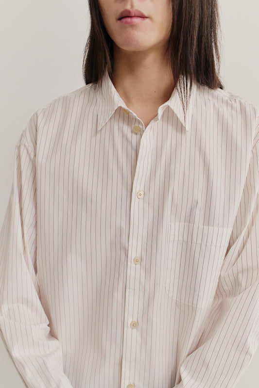 Women's long-sleeved shirt, 100% cotton, off-white with burgundy pinstripes, oversized fit, front pocket.