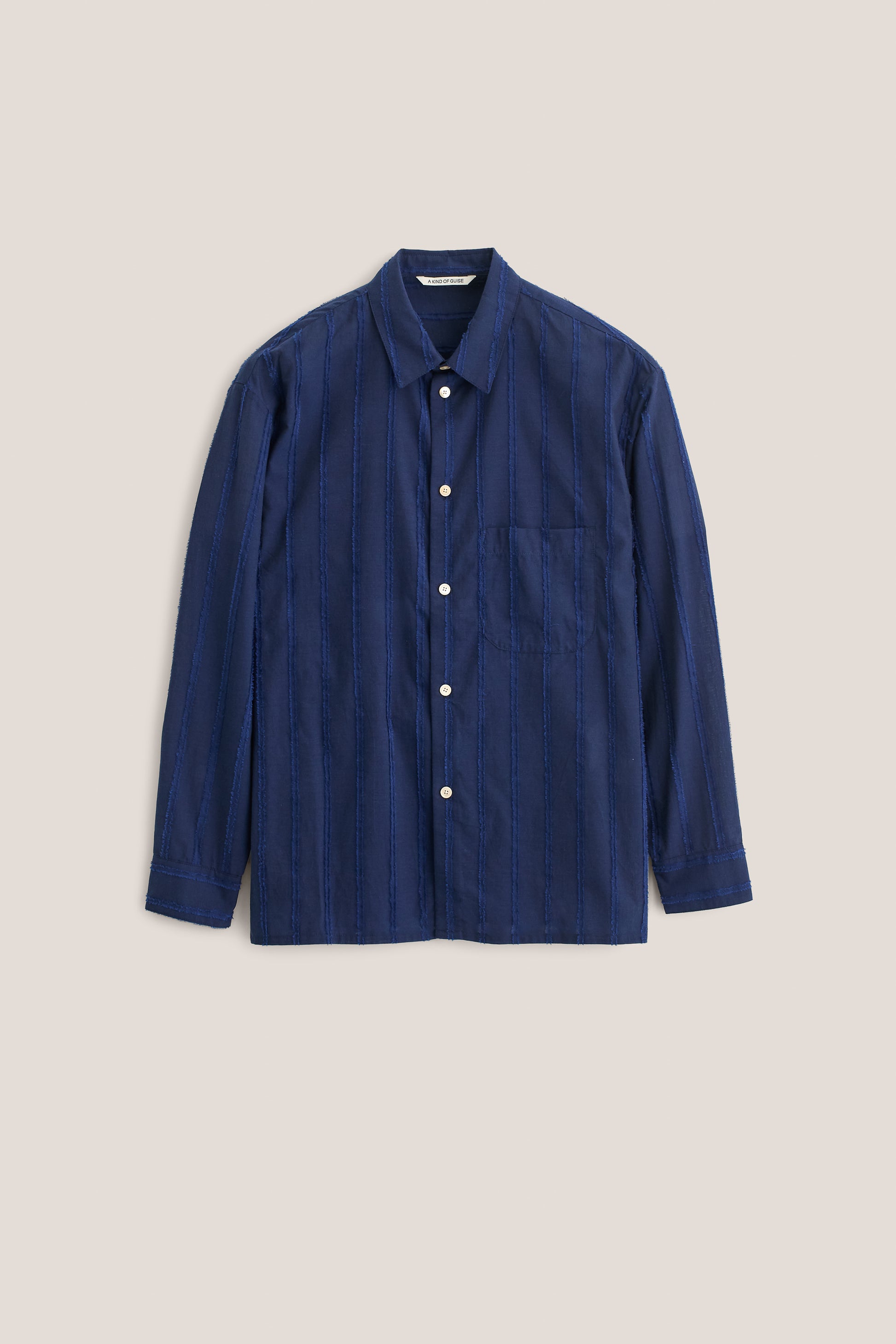 Men's long-sleeved shirt, organic cotton with frayed stripes, navy, oversized fit, front pocket.