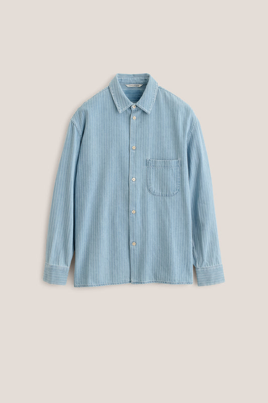 Men's long-sleeved shirt, organic cotton denim, washed light blue with white pinstripes, oversized fit, patch pocket.