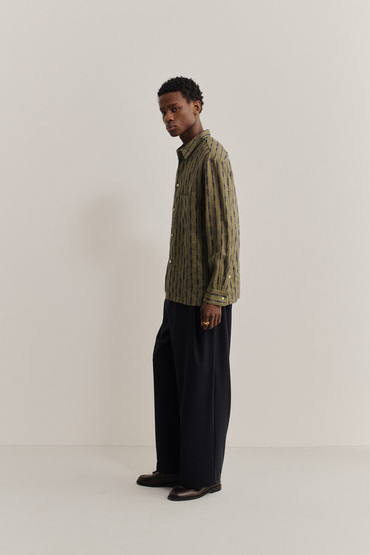 Men's long-sleeved shirt, 100% linen, embroidered, olive green with dark vertical lines.