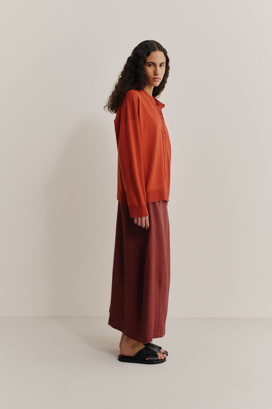 Women's knit cardigan, 100% merino wool, ajour knit, rust orange.