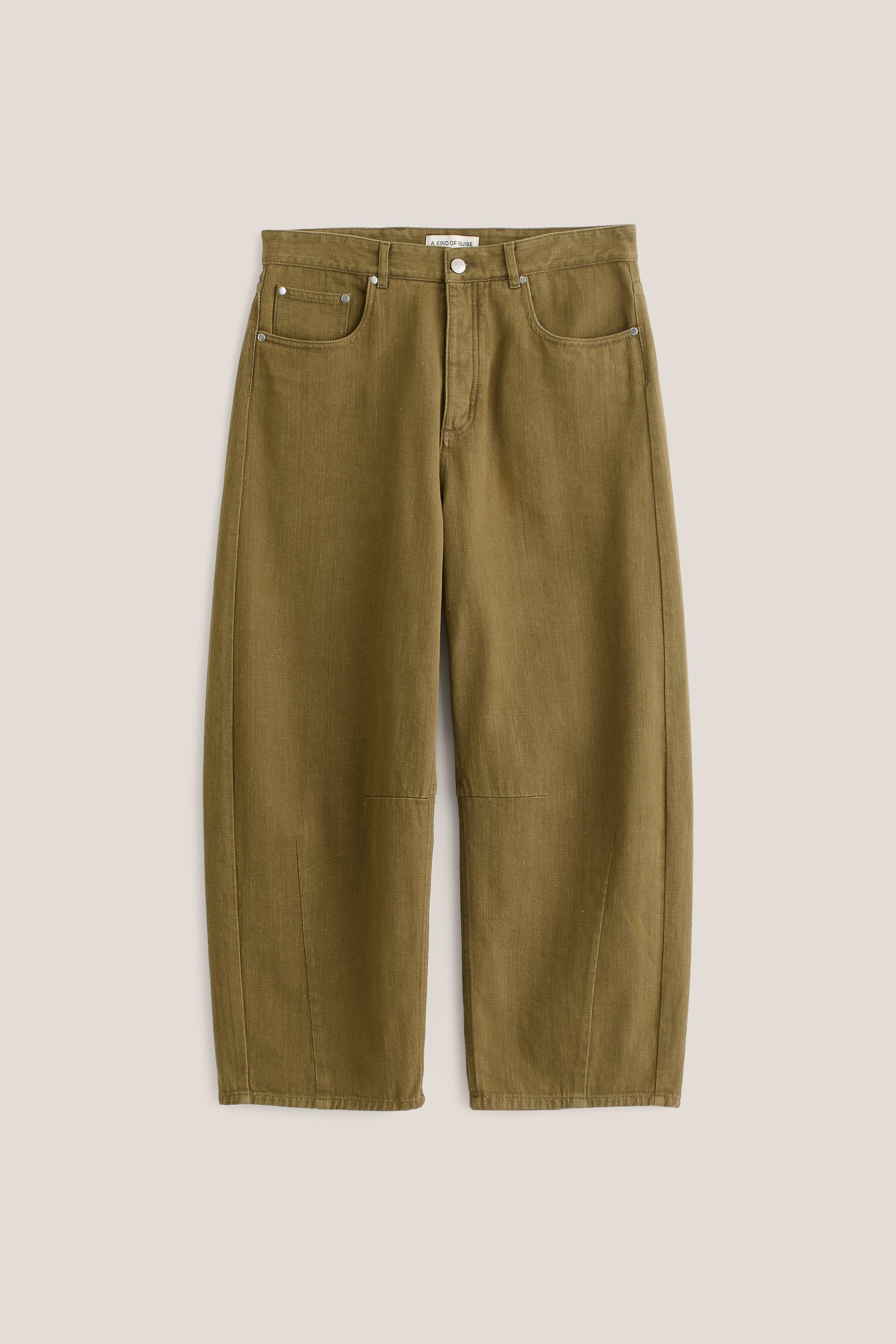 Men's pants, long-pants, 100% cotton selvage denim, washed olive green, wide cropped tapered leg.
