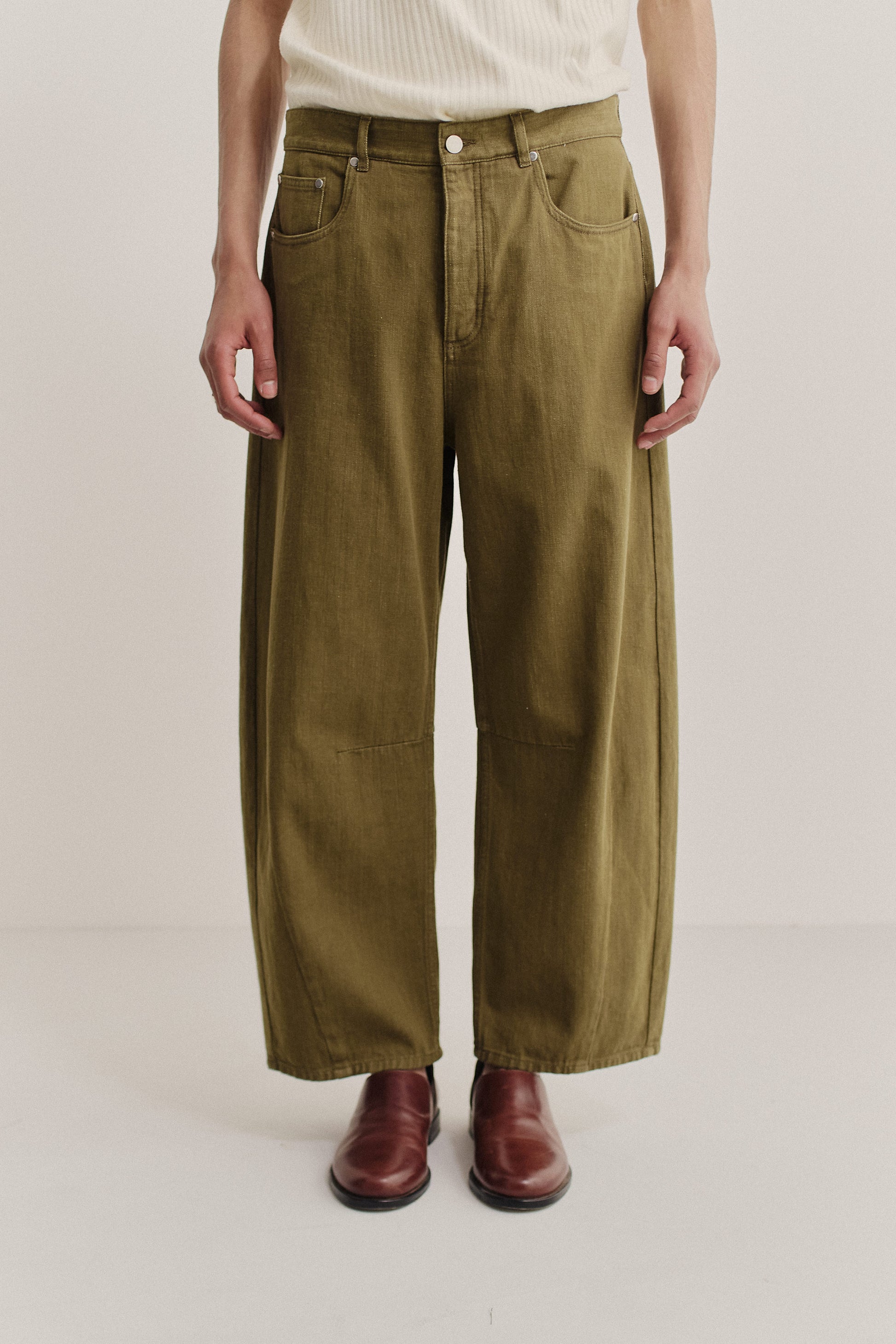 Men's long-pants, cotton selvage denim, washed olive green, wide cropped tapered leg.