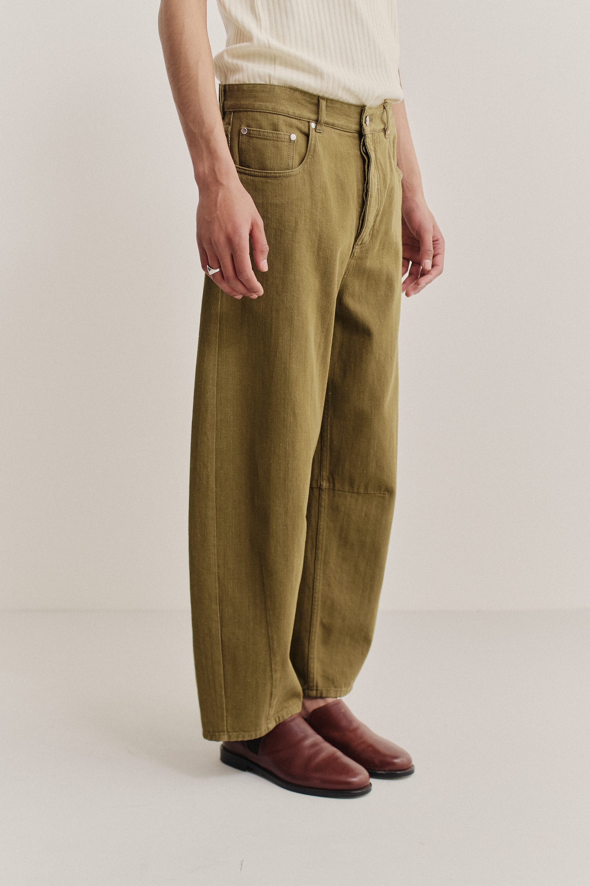 Men's pants, long-pants, 100% cotton selvage denim, washed olive green, wide cropped tapered leg.