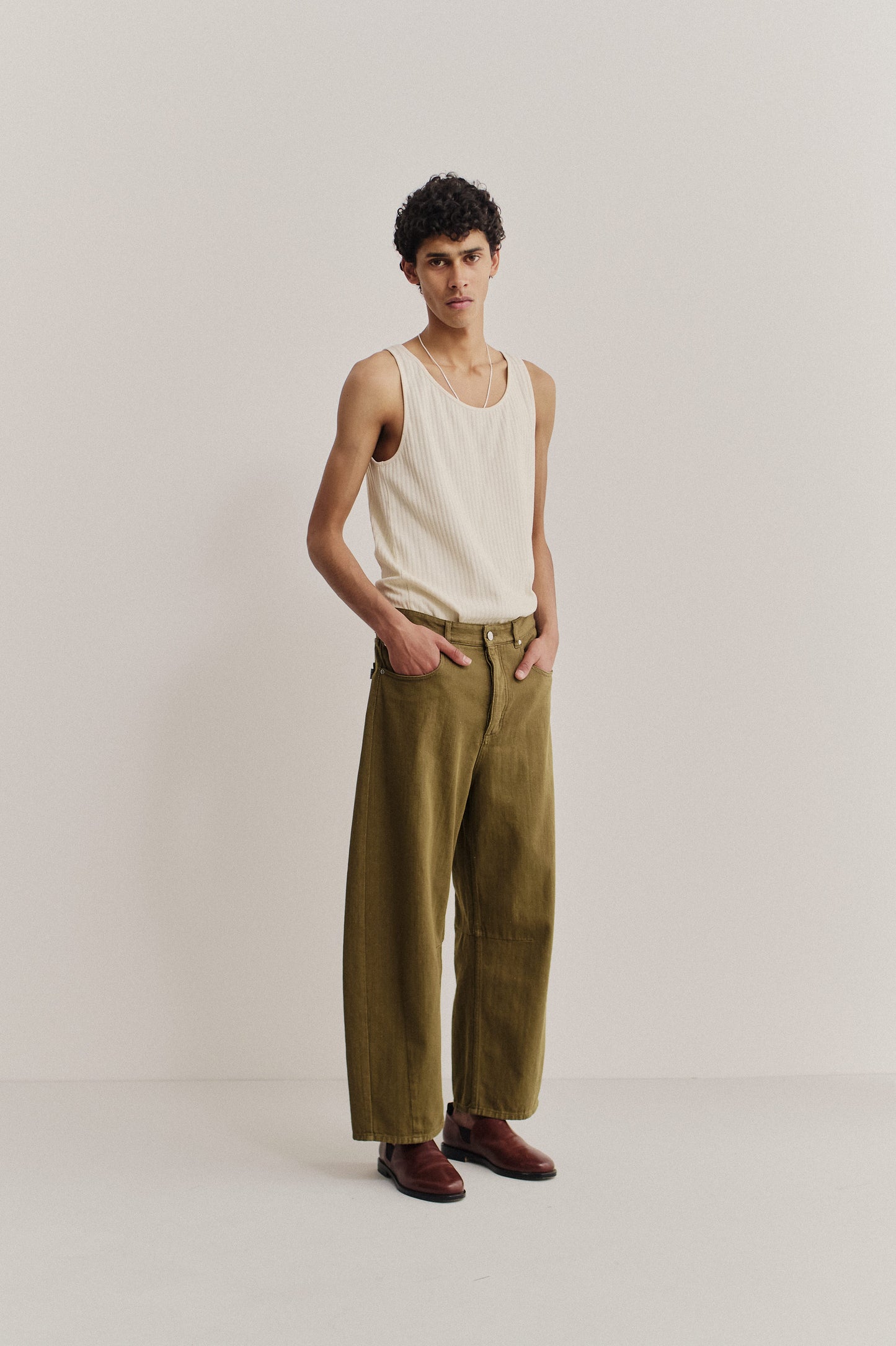 Men's long-pants, Kandan Jeans, 100% cotton selvage denim, green, wide cropped tapered leg.