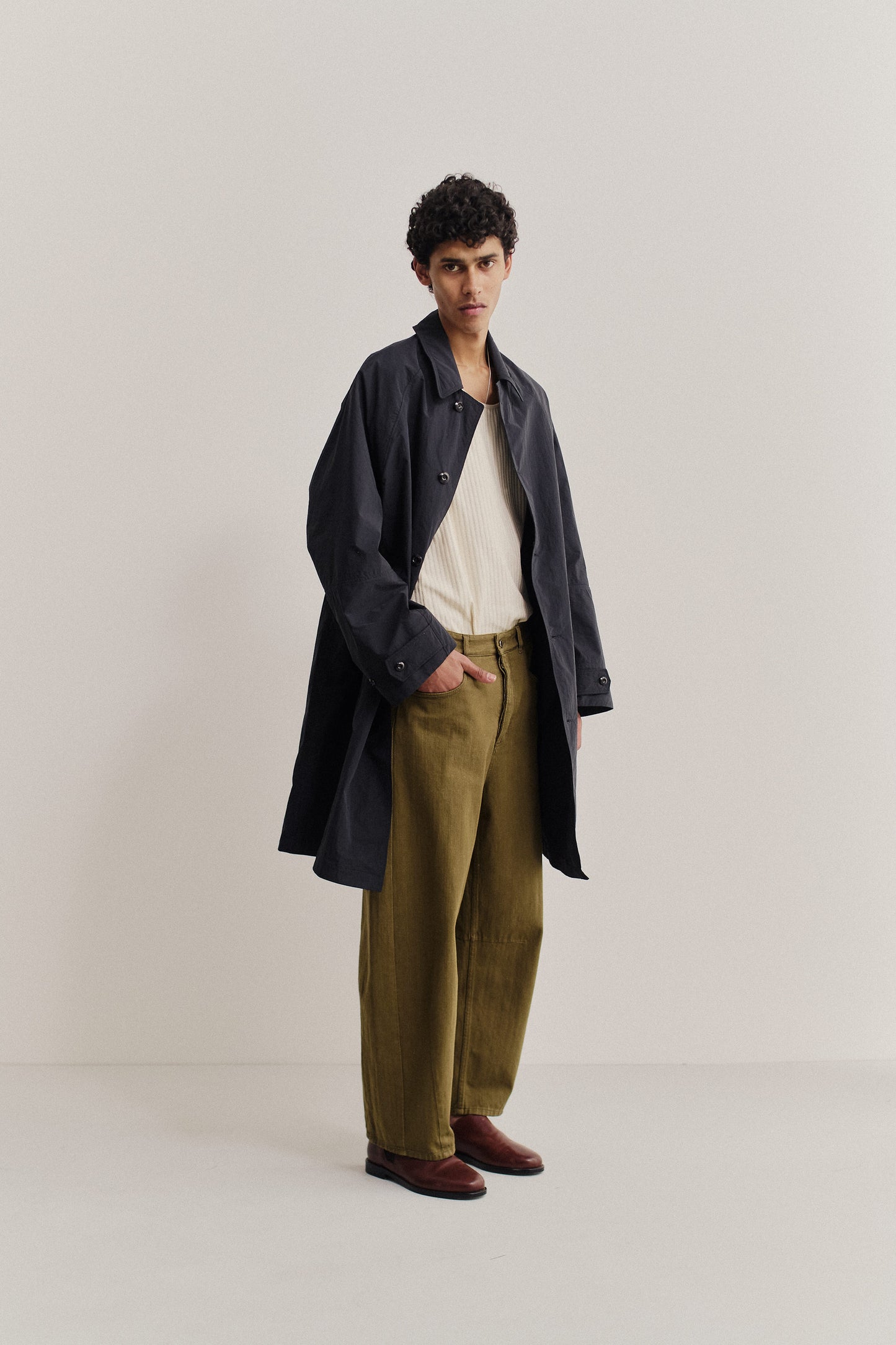 Men's long-pants, cotton, green, with a relaxed waist and wide, cropped tapered leg.
