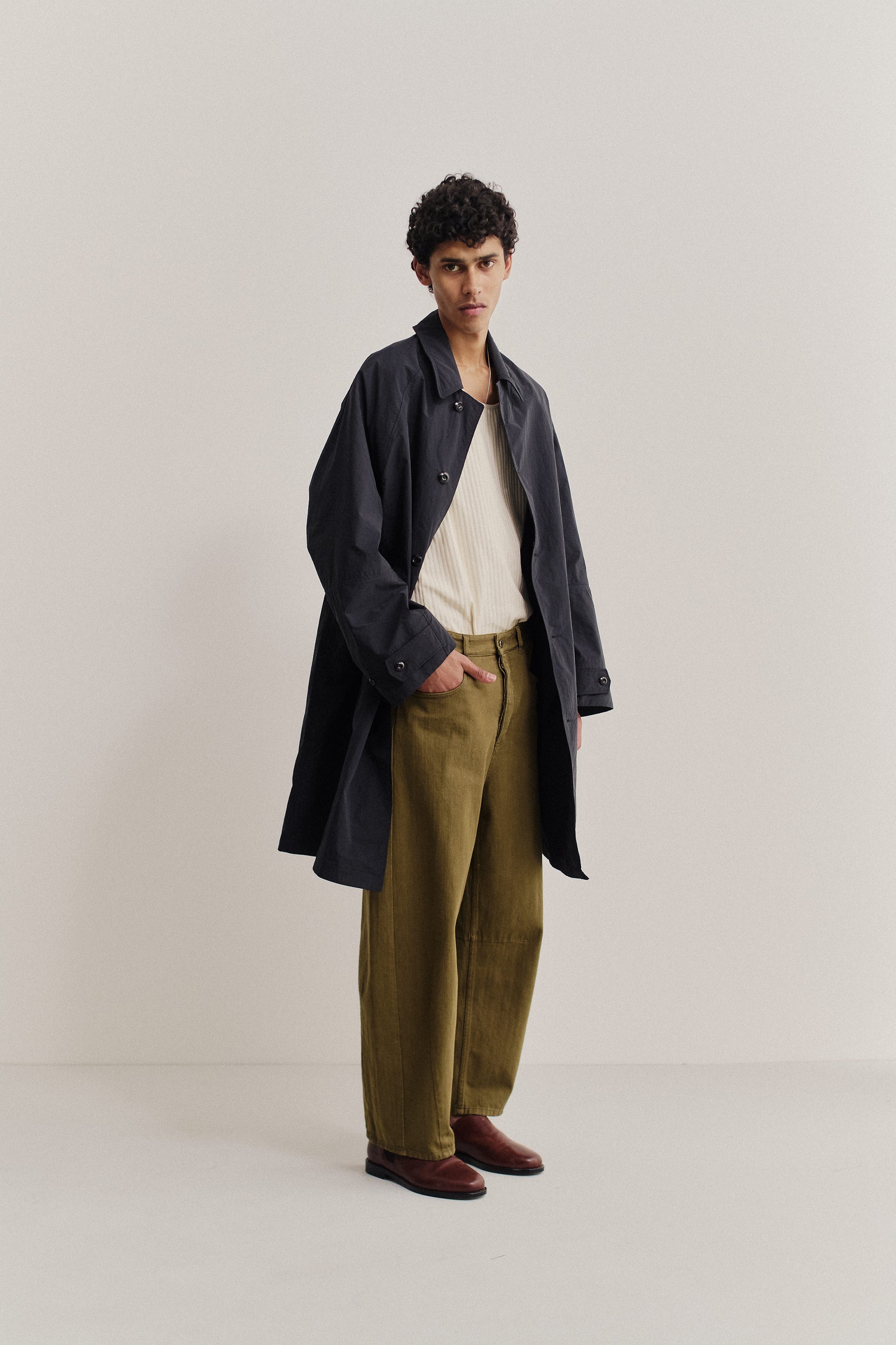 Men's long-pants, cotton, green, with a relaxed waist and wide, cropped tapered leg.