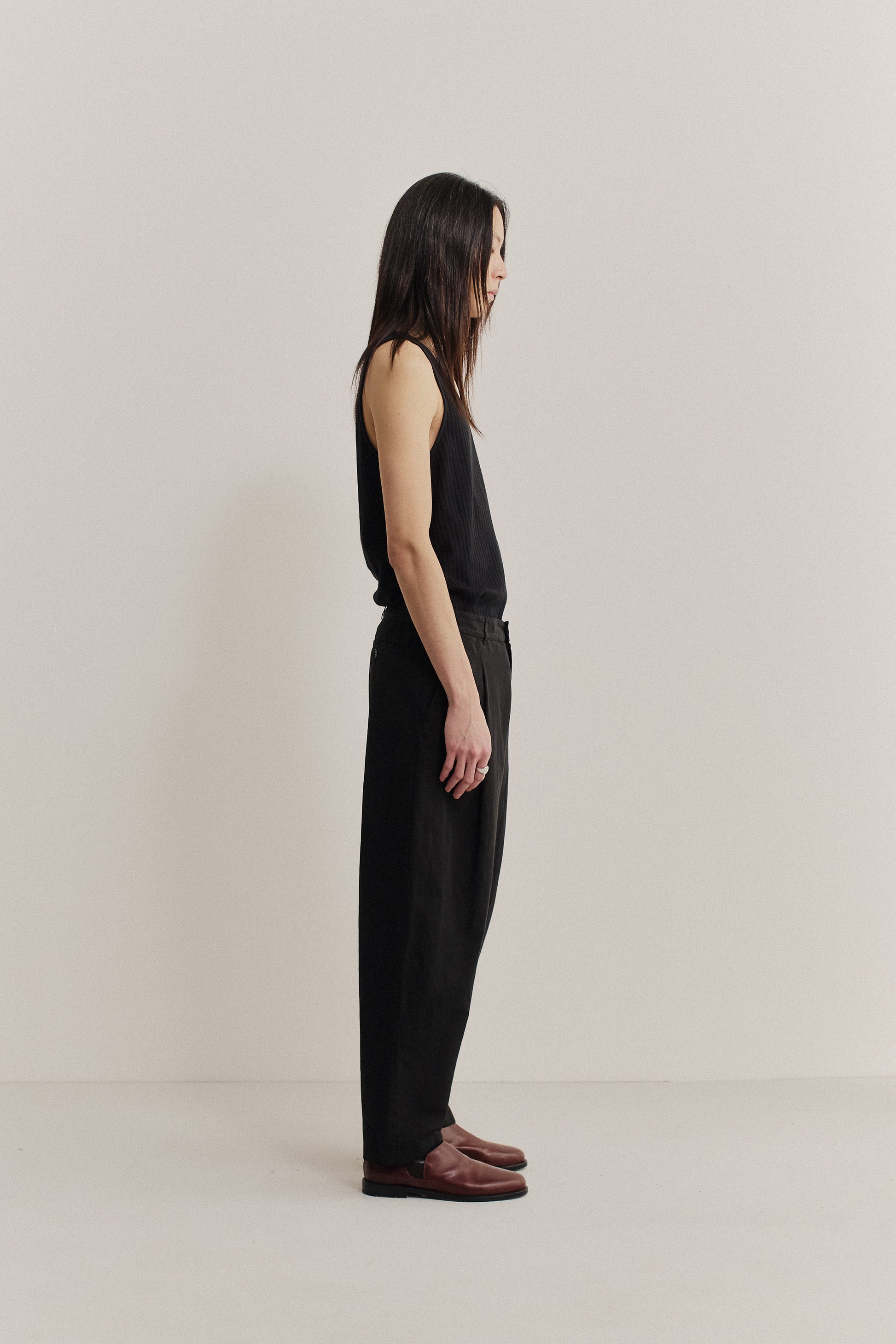 Men's long-pants, linen and cotton blend, garment-dyed deep black, loose tapered leg.