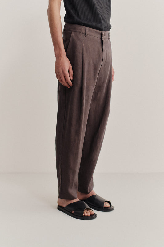 Men's long pants, 100% linen, canvas weave, dark brown, loose tapered leg, single front pleat.