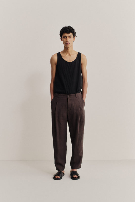 Men's long-pants, 100% linen, canvas weave, dark brown, regular waist, cropped, tapered leg.