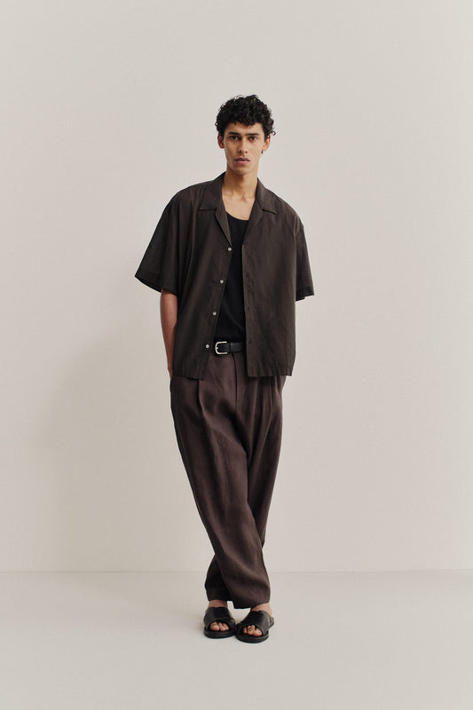 Men's long-pants, 100% linen, tapered leg, single pleat, dark brown.