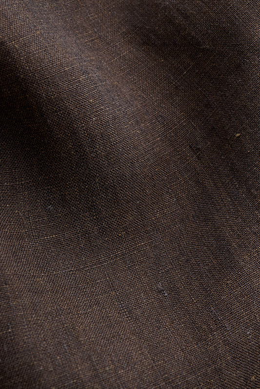 Men's long pants, 100% linen canvas weave with natural slubs, dark brown.