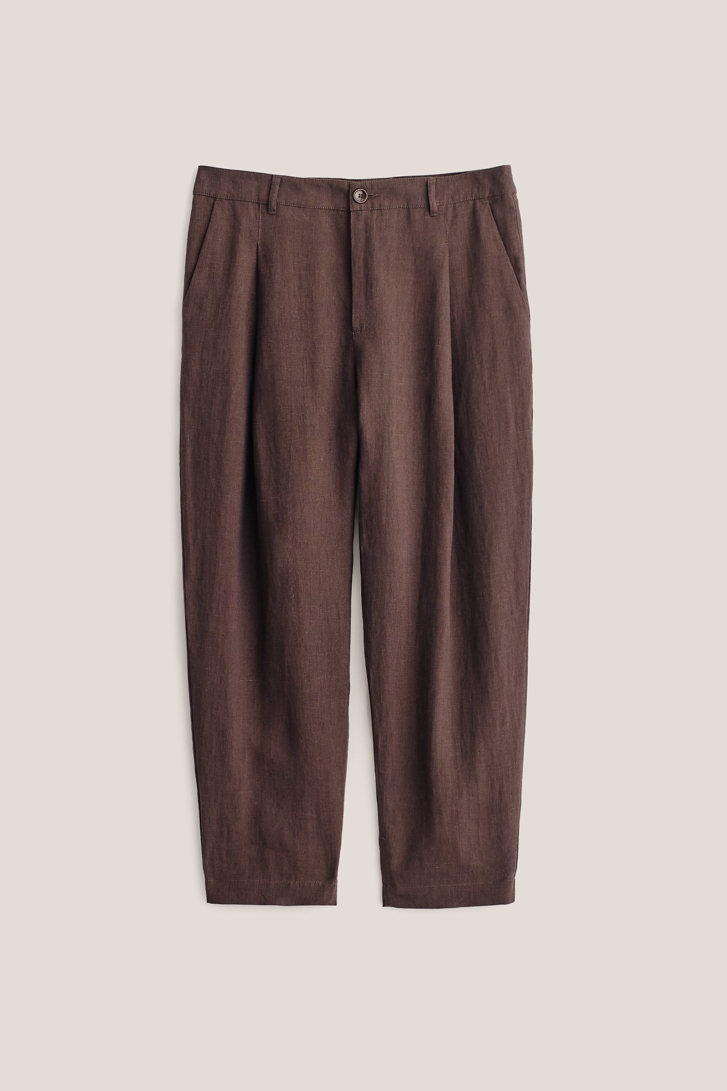 Men's long-pants, 100% linen, canvas weave, brown, single front pleat, tapered, cropped leg.