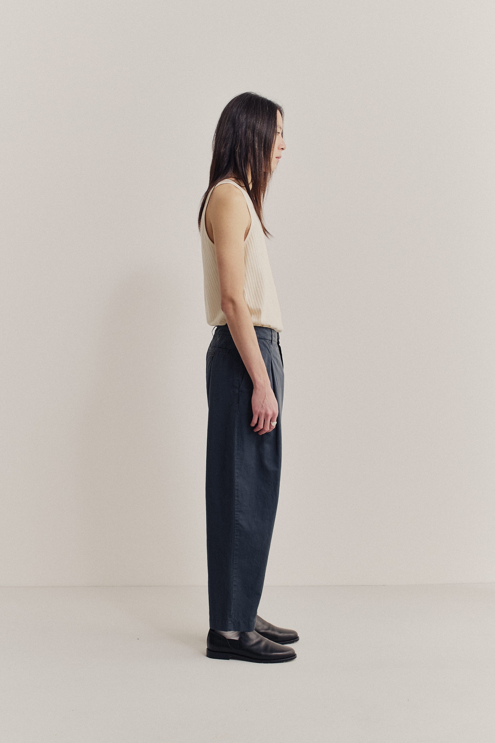 Men's long-pants, cotton-linen blend, garment dyed, navy, with single pleat and tapered leg.