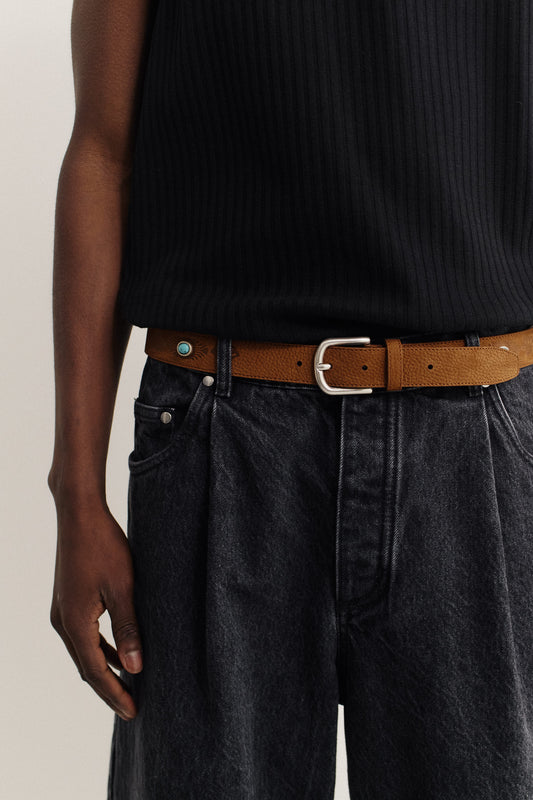 Women's accessories belt, brown nubuck leather with silver buckle and turquoise stud.