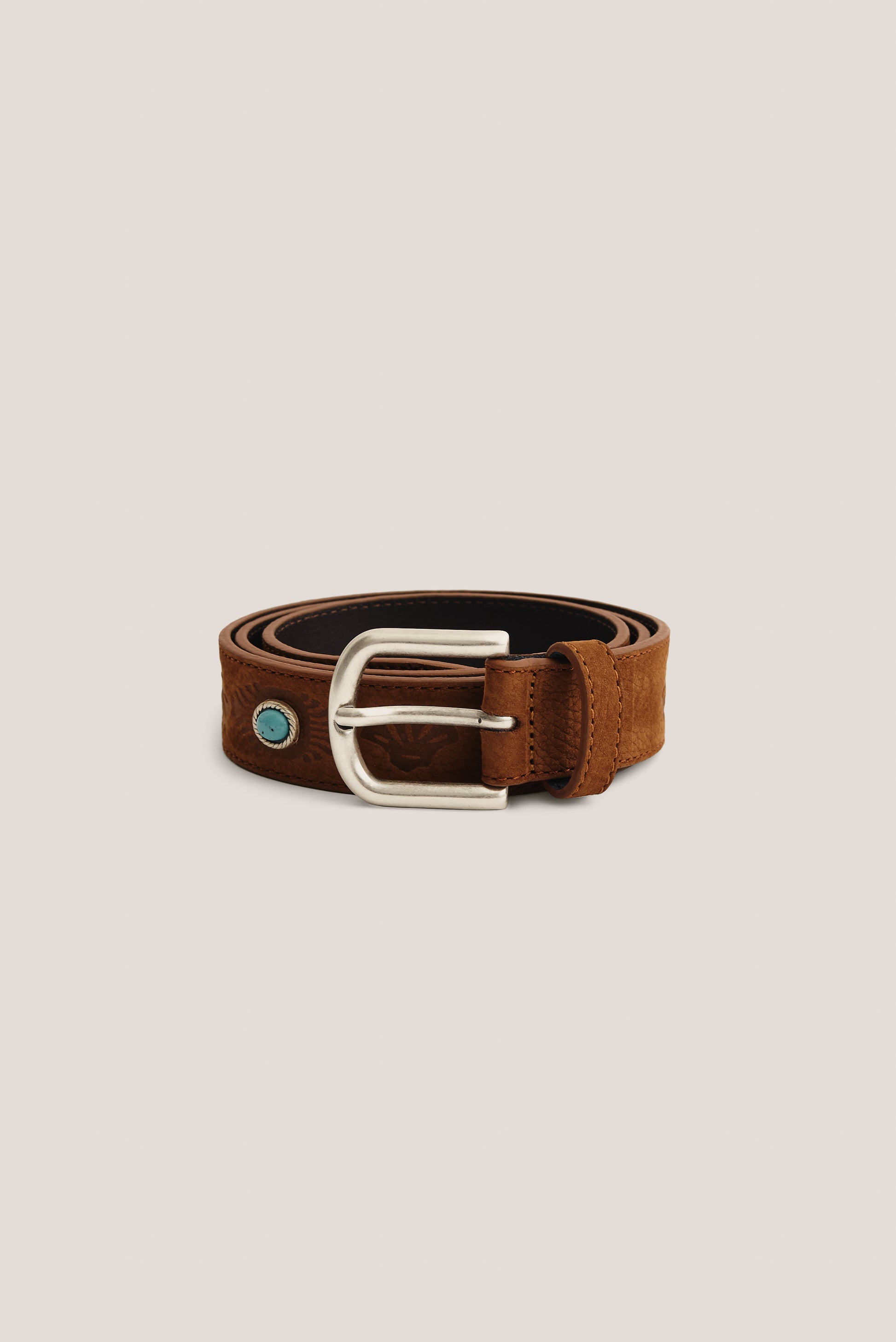 Men's accessories belt, brown nubuck leather with engraved details, silver buckle, and turquoise stone.