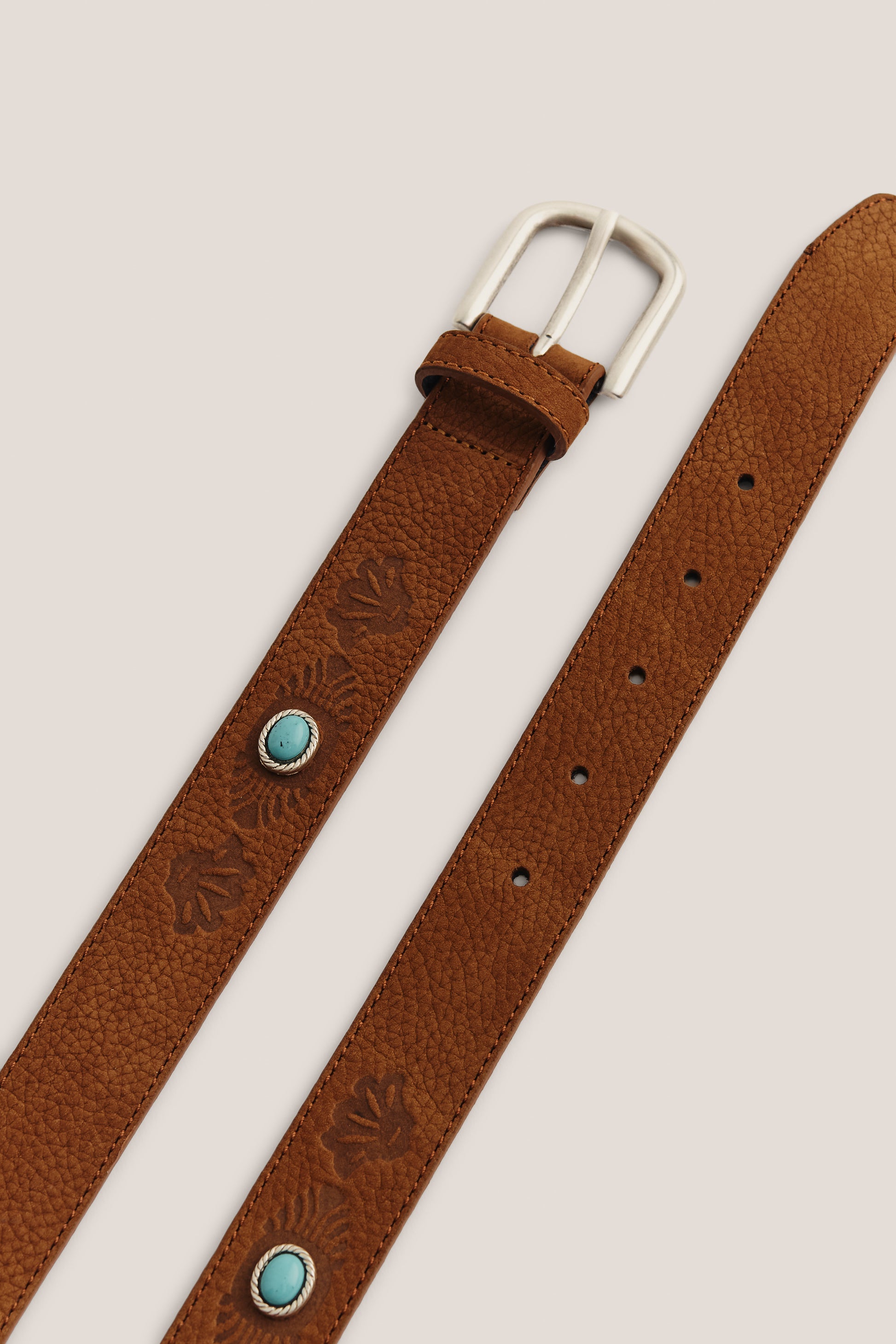 Women's accessories belt, nubuck leather, brown, with silver buckle and turquoise stone embellishments.
