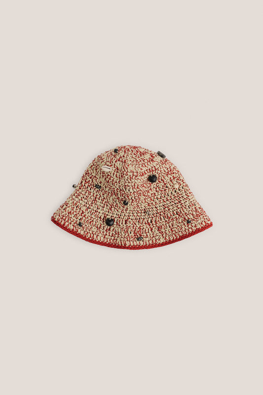 Women's accessories bucket hat, crocheted viscose-linen-cotton blend with mussels and wooden beads, red and natural.