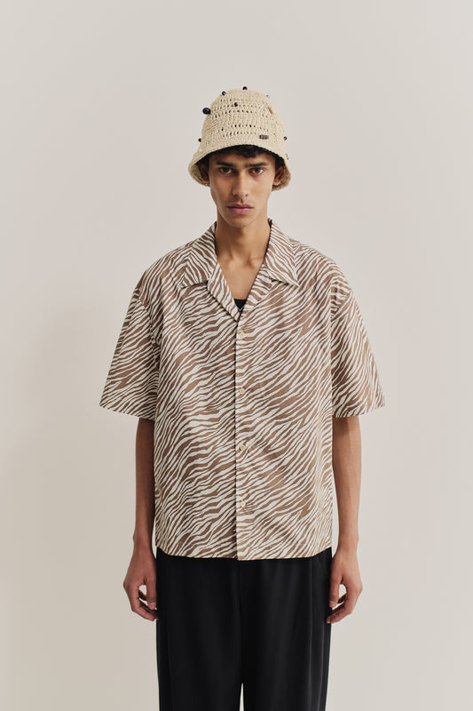 Men's accessories Kofia Bucket Hat, crocheted raffia-like yarn, natural beige with mussels and wooden beads.