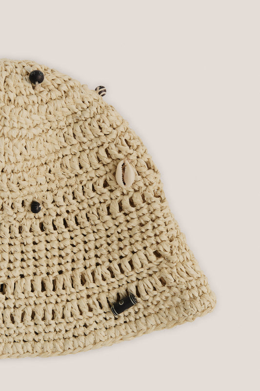Women's accessories bucket hat, raffia-like viscose-linen-cotton blend, natural beige, with mussels and wooden beads.