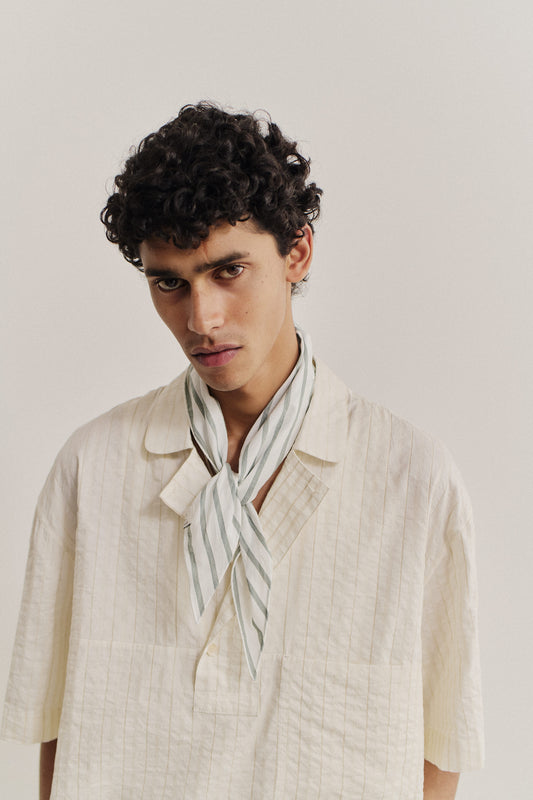 Men's accessory, Kori Bandana, cotton silk linen blend, washed finish, white with green stripes.