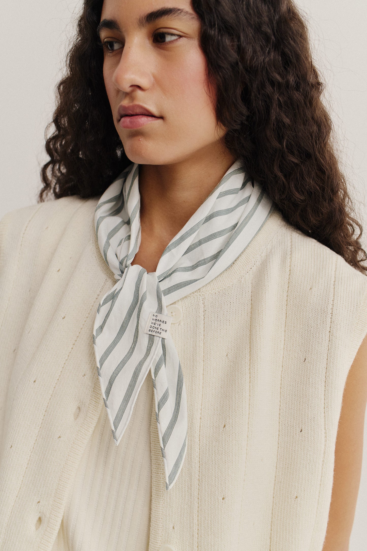 Women's accessories bandana, cotton-silk-linen blend, washed finish, white with subtle grey stripes.