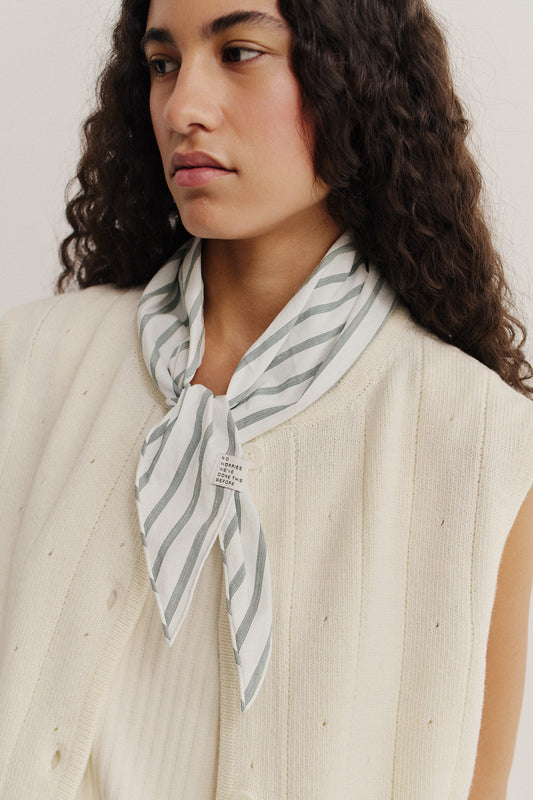 Women's accessories bandana, cotton-silk-linen blend, washed finish, white with subtle grey stripes.