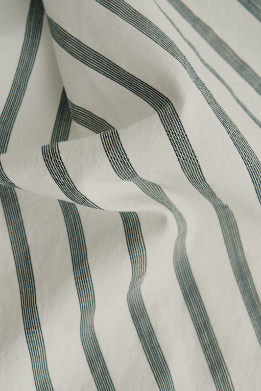 Unisex accessories bandana, cotton silk linen blend, washed finish, white with fine dark green stripes.