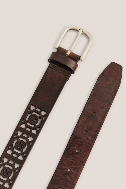 Women's accessories belt, mahogany calf leather with graphical cut-out and antique silver pin buckle.