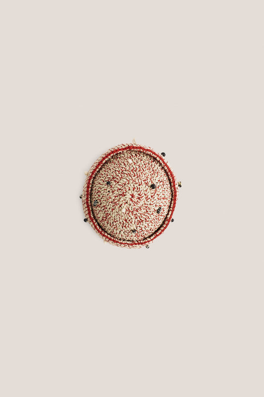Women's accessories, crochet cap, viscose-linen-cotton blend, red and cream, decorated with mussels and wooden beads.