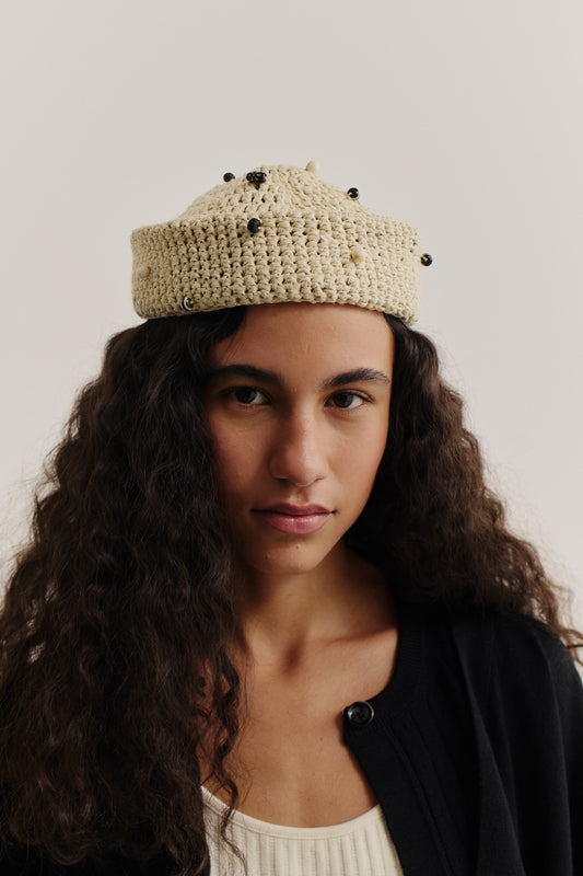 Women's accessories, crochet cap, raffia-like viscose-linen-cotton blend, natural beige with black beads.