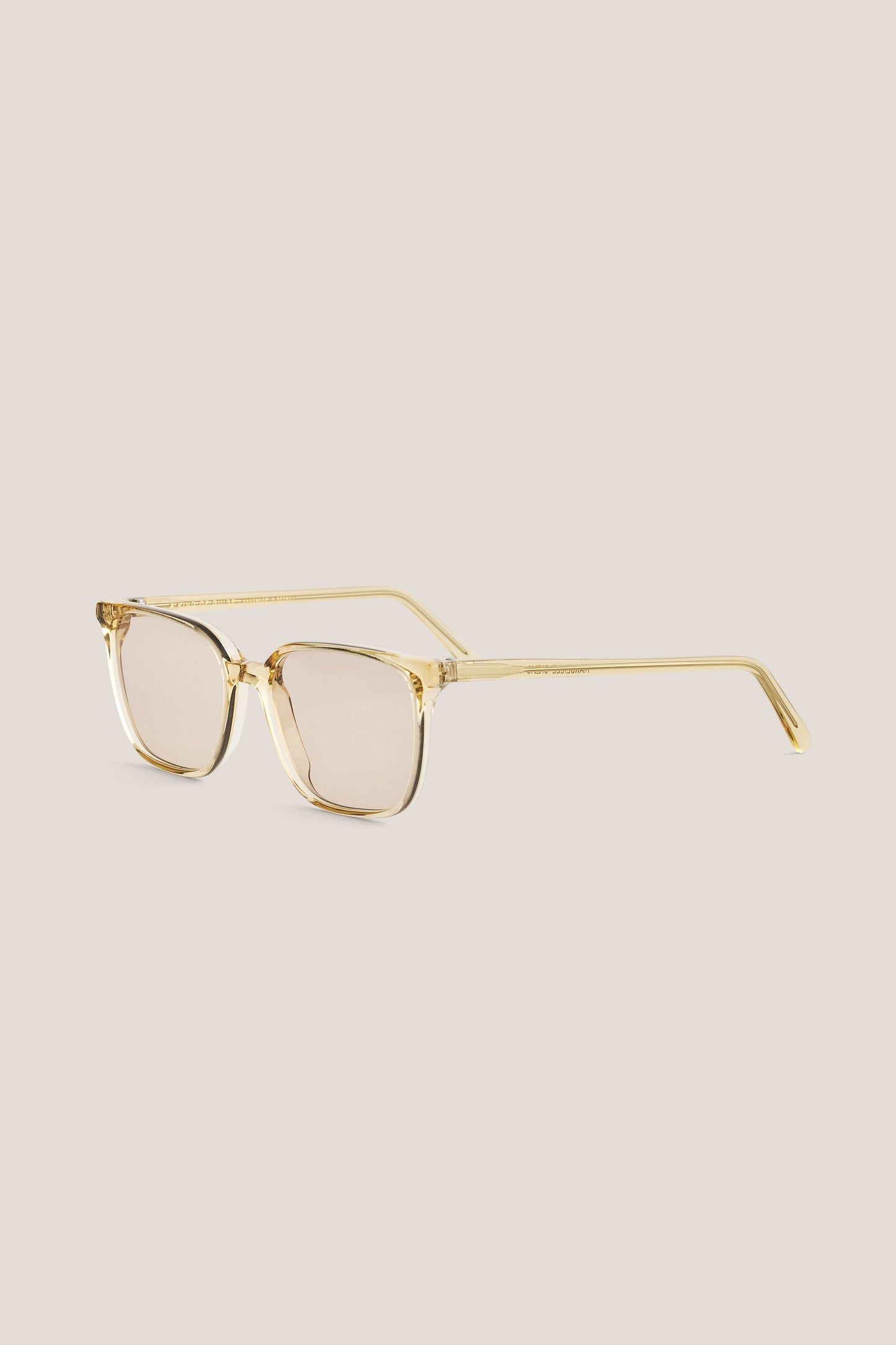 Unisex accessories sunglasses, transparent beige acetate frame, rectangular shape, light brown lenses.