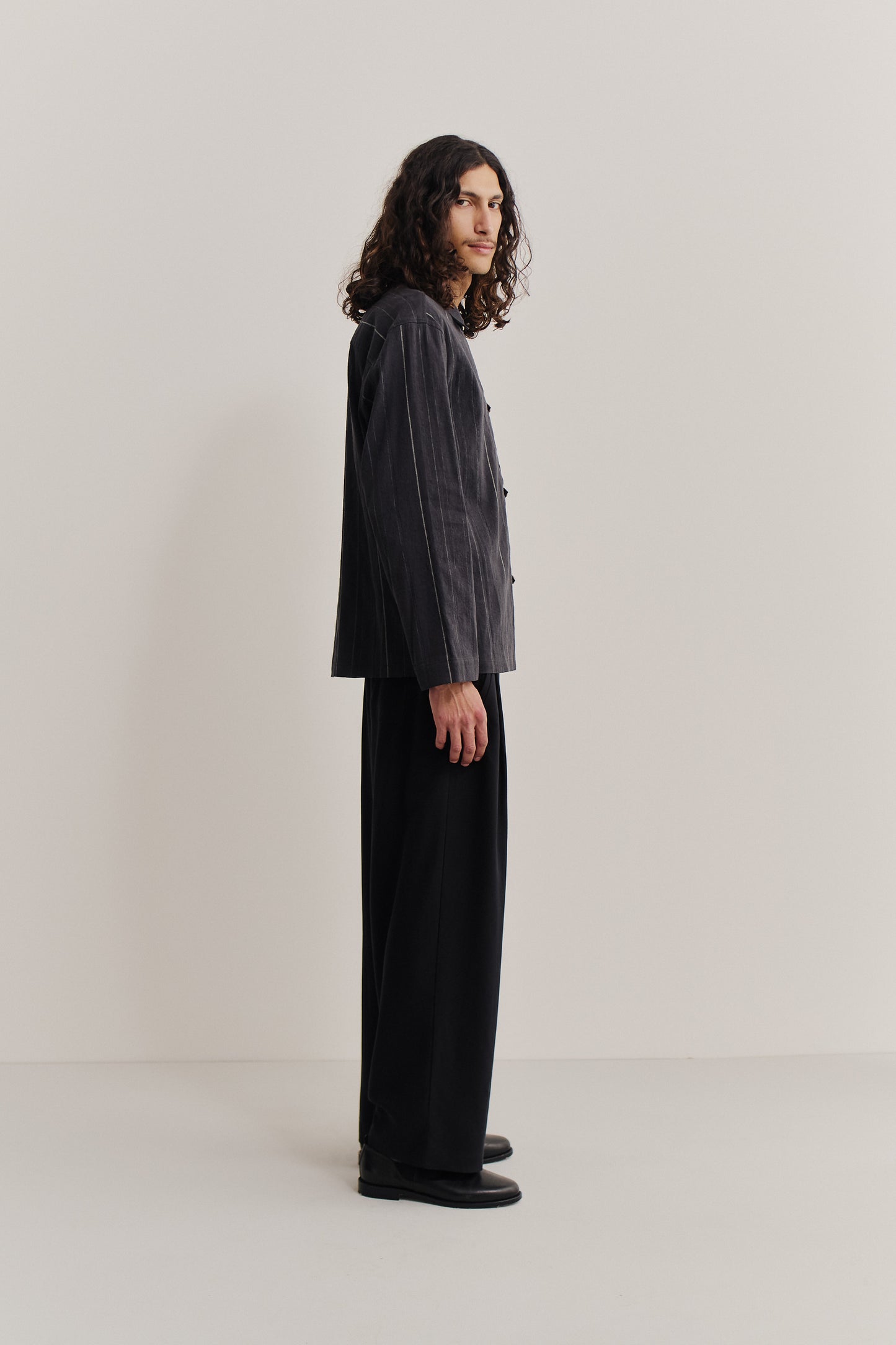 Men's long-sleeved shirt, cotton-linen blend, faded black with white stripes, oversized fit.