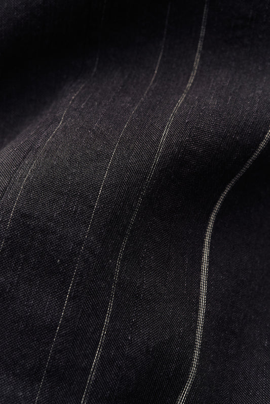 Men's long-sleeved overshirt, black cotton-linen blend with subtle white pinstripes.